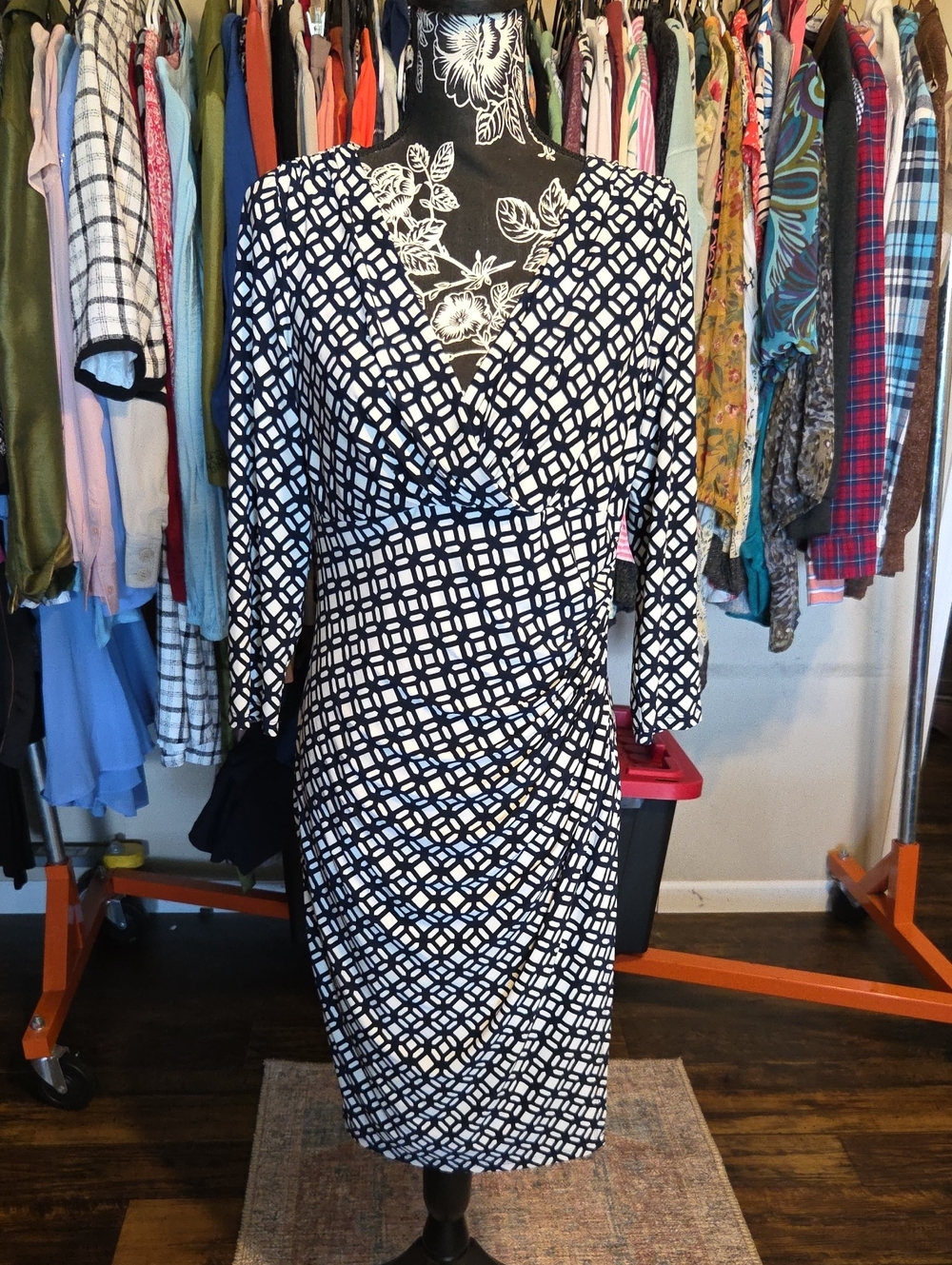 Ralph Lauren Dark Blue and White Geometric Wrap-Style Midi Dress